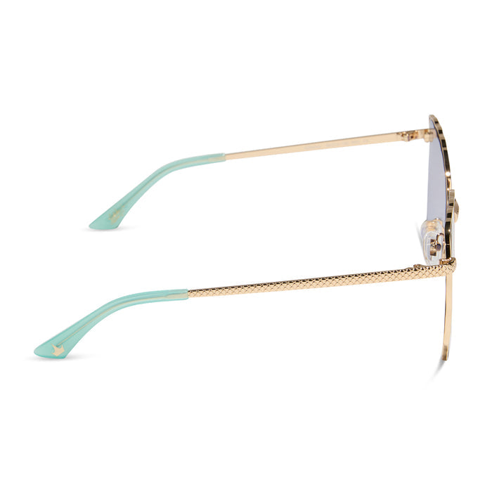disney princess x diff eyewear featuring the ariel 2.0 sunglasses with a Shimmering Gold frame and Iridescent Sea Foam Pink To Blue Gradient Lenses side view