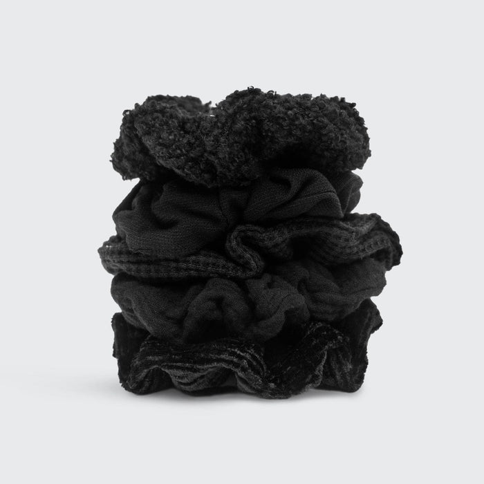 KITSCH Assorted Textured Scrunchies in Black — product flat lay showing assorted black scrunchie textures — satin, crepe, and velvet mix in solid black tones