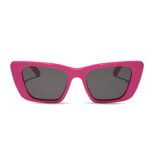 diff eyewear featuring the aura cat eye sunglasses with a bright pink frame and grey lenses front view
