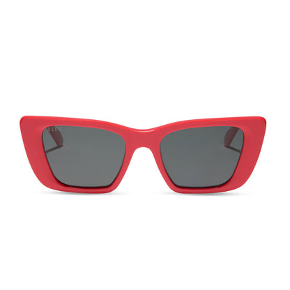 diff eyewear aura square sunglasses with a sunset red frame and grey polarized lenses front view