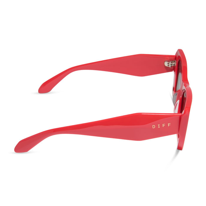 diff eyewear aura square sunglasses with a sunset red frame and grey polarized lenses side view