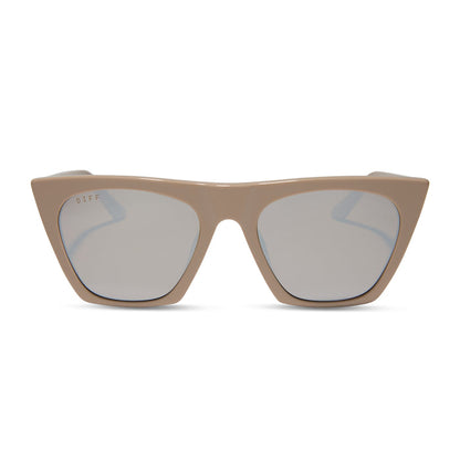 diff eyewear featuring the avril cat eye oversized sunglasses with a almond brown frame and silver flash lenses front view