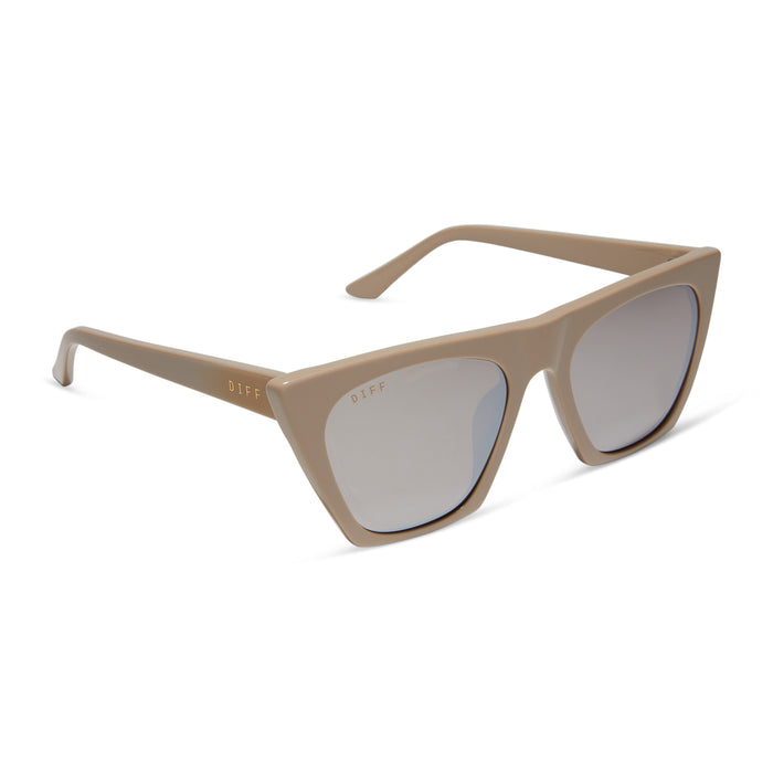 diff eyewear featuring the avril cat eye oversized sunglasses with a almond brown frame and silver flash lenses angled view