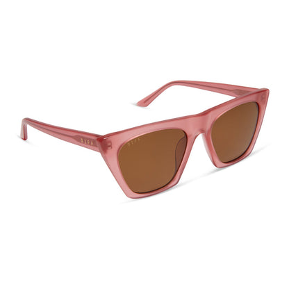 diff eyewear featuring the avril cat eye oversized sunglasses with a guava pink frame and brown lenses angled view