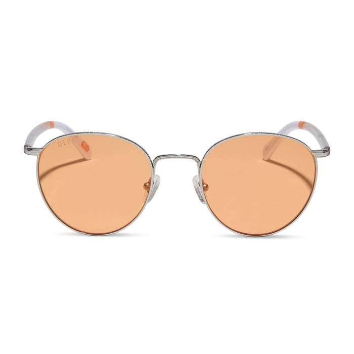 star wars x diff eyewear featuring the bb-8™ round sunglasses with a droid white with silver frame and orange lenses front view