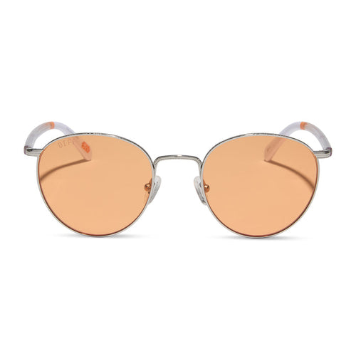 star wars x diff eyewear featuring the bb-8™ round sunglasses with a droid white with silver frame and orange lenses front view