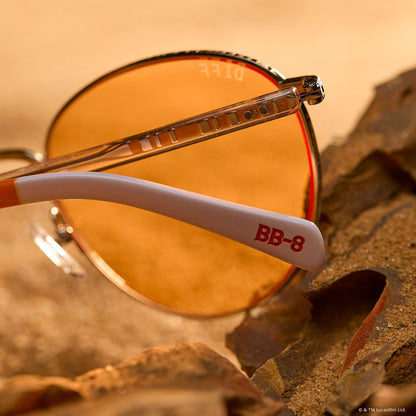 still life - resting on a rock star wars x diff eyewear featuring the bb-8™ round sunglasses with a droid white with silver frame and orange lenses detailed temple view