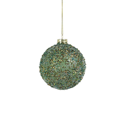 BEADED GREEN GLASS BALL ORNAMENT 4"