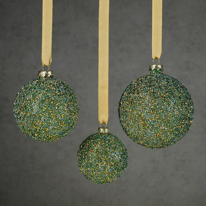 BEADED GREEN GLASS BALL ORNAMENT 4"