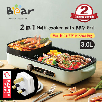 Bear Steamboat with BBQ Grill, 2 in 1 Multi Cooker with Non-stick inner pot (DKL-C15G1)