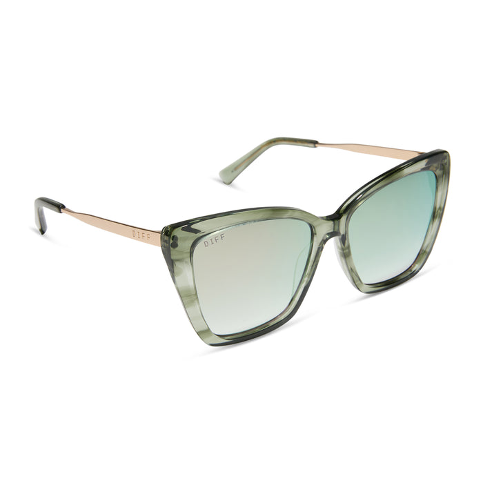 diff eyewear featuring the becky ii cat eye sunglasses with a cool matcha green frame and cool matcha mirror lenses angled view