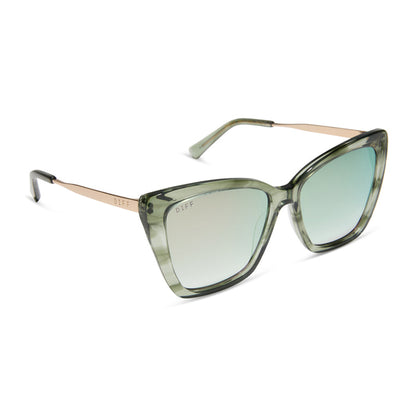 diff eyewear featuring the becky ii cat eye sunglasses with a cool matcha green frame and cool matcha mirror lenses angled view