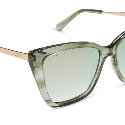 diff eyewear featuring the becky ii cat eye sunglasses with a cool matcha green frame and cool matcha mirror lenses detailed view