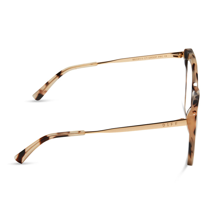 diff eyewear featuring the becky ii cat eye blue light technology glasses with a cream tortoise frame side view