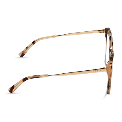 diff eyewear featuring the becky ii cat eye blue light technology glasses with a cream tortoise frame side view