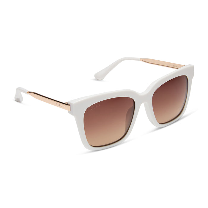diff eyewear featuring the bella square sunglasses with a snowbound white frame and brown gradient lenses angled view