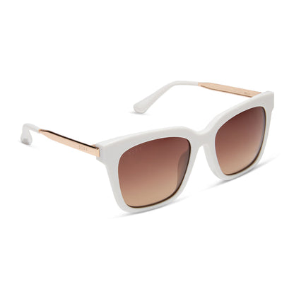 diff eyewear featuring the bella square sunglasses with a snowbound white frame and brown gradient lenses angled view