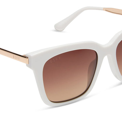 diff eyewear featuring the bella square sunglasses with a snowbound white frame and brown gradient lenses detailed view