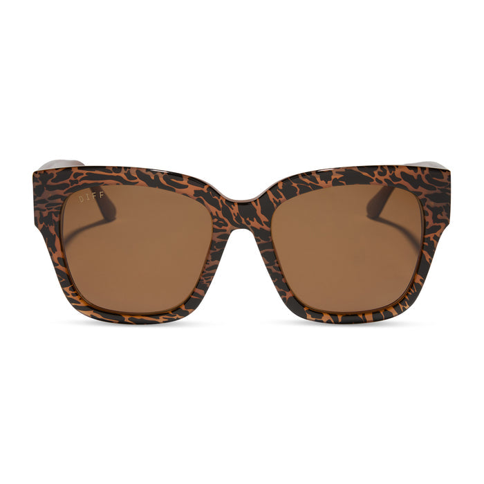 diff eyewear featuring the bella ii square sunglasses with a animal print frame and brown lenses front view