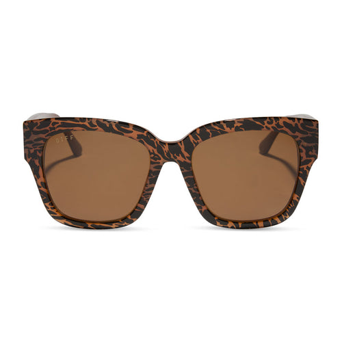 diff eyewear featuring the bella ii square sunglasses with a animal print frame and brown lenses front view
