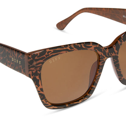 diff eyewear featuring the bella ii square sunglasses with a animal print frame and brown lenses detailed view