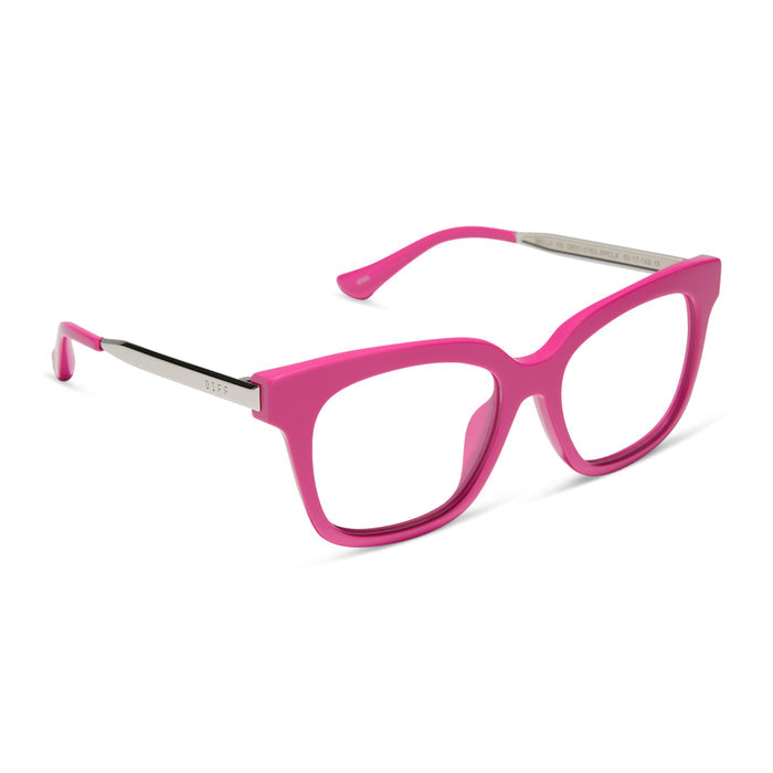 diff eyewear featuring the bella xs square prescription glasses with a bright pink frame angled view