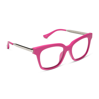 diff eyewear featuring the bella xs square prescription glasses with a bright pink frame angled view
