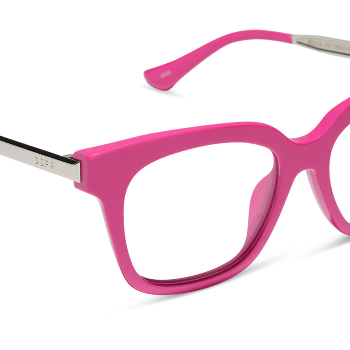 diff eyewear featuring the bella xs square prescription glasses with a bright pink frame detailed view