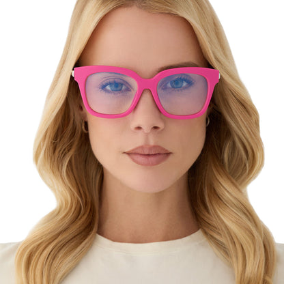 diff eyewear featuring the bella xs square glasses with a bright pink frame front view