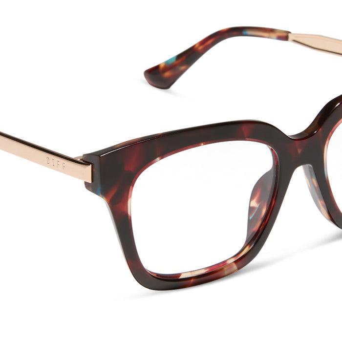diff eyewear featuring the bella xs square prescription glasses with a confetti tortoise frame detailed view