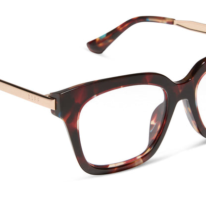 diff eyewear featuring the bella xs square prescription glasses with a confetti tortoise frame detailed view