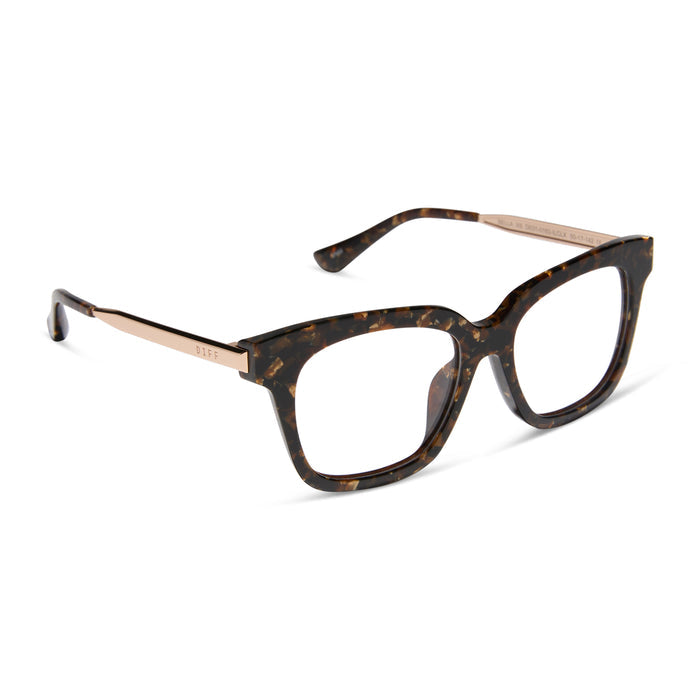 diff eyewear bella xs square glasses with a glitter tortoise frame angled view