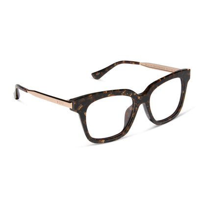 diff eyewear bella xs square glasses with a glitter tortoise frame angled view