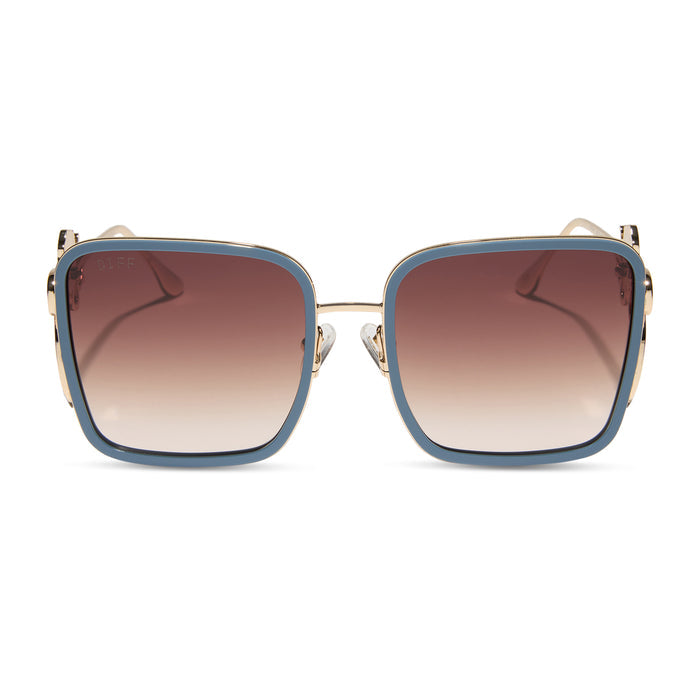 disney princess x diff eyewear featuring the belle 2.0 oversized square sunglasses with a gold and enchanting blue frame with brown gradient polarized lenses front view
