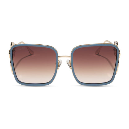 disney princess x diff eyewear featuring the belle 2.0 oversized square sunglasses with a gold and enchanting blue frame with brown gradient polarized lenses front view