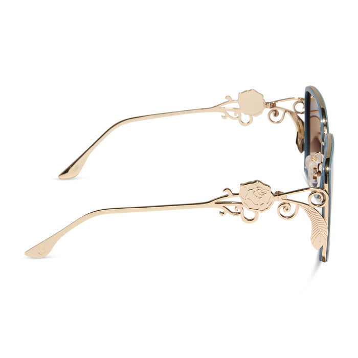 disney princess x diff eyewear featuring the belle 2.0 oversized square sunglasses with a gold and enchanting blue frame with brown gradient polarized lenses side view