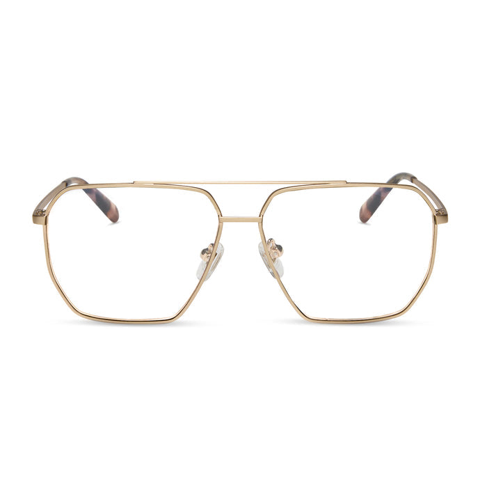 diff eyewear featuring the berkely navigator blue light technology glasses with a brushed gold metal frame and espresso tortoise tips front view