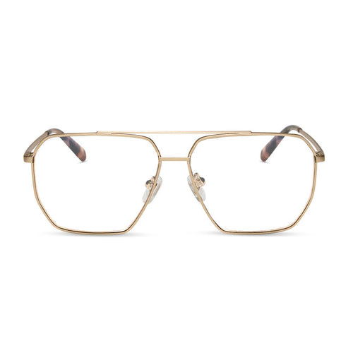 diff eyewear featuring the berkely navigator blue light technology glasses with a brushed gold metal frame and espresso tortoise tips front view