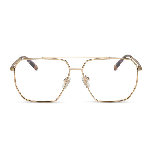 diff eyewear featuring the berkely navigator blue light technology glasses with a brushed gold metal frame and espresso tortoise tips front view