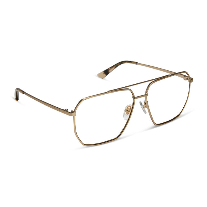 diff eyewear featuring the berkely navigator blue light technology glasses with a brushed gold metal frame and espresso tortoise tips angled view