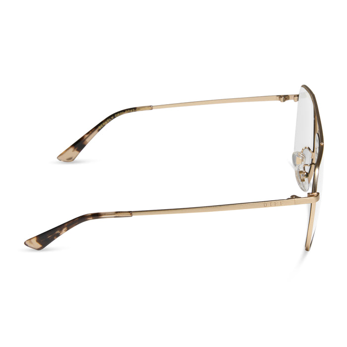 diff eyewear featuring the berkely navigator blue light technology glasses with a brushed gold metal frame and espresso tortoise tips side view