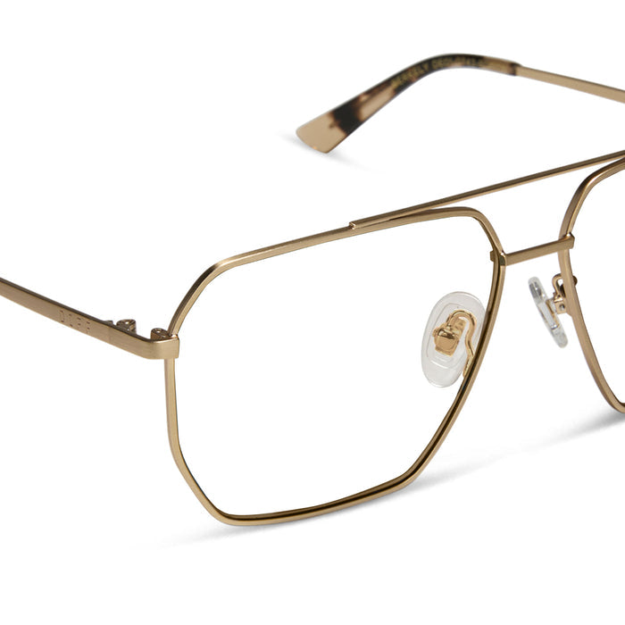 diff eyewear featuring the berkely navigator blue light technology glasses with a brushed gold metal frame and espresso tortoise tips detailed view
