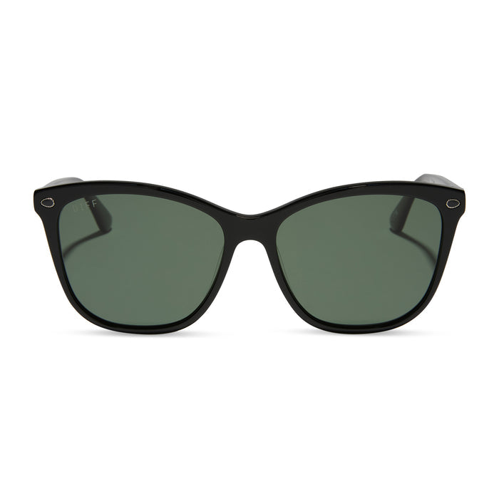 yellowstone x diff eyewear featuring the beth iii cat eye sunglasses with a black frame and grey lenses front view