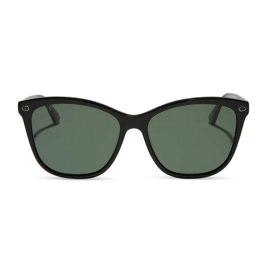 yellowstone x diff eyewear featuring the beth iii cat eye sunglasses with a black frame and grey lenses front view
