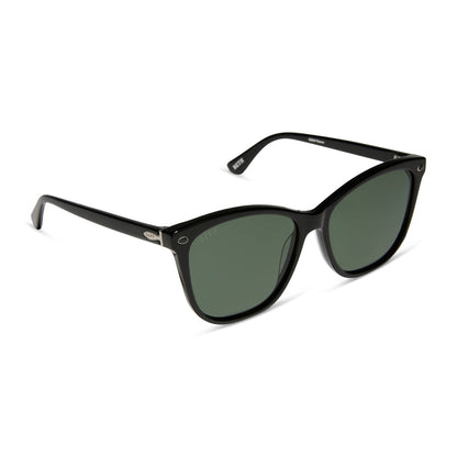 yellowstone x diff eyewear featuring the beth iii cat eye sunglasses with a black frame and grey lenses angled view