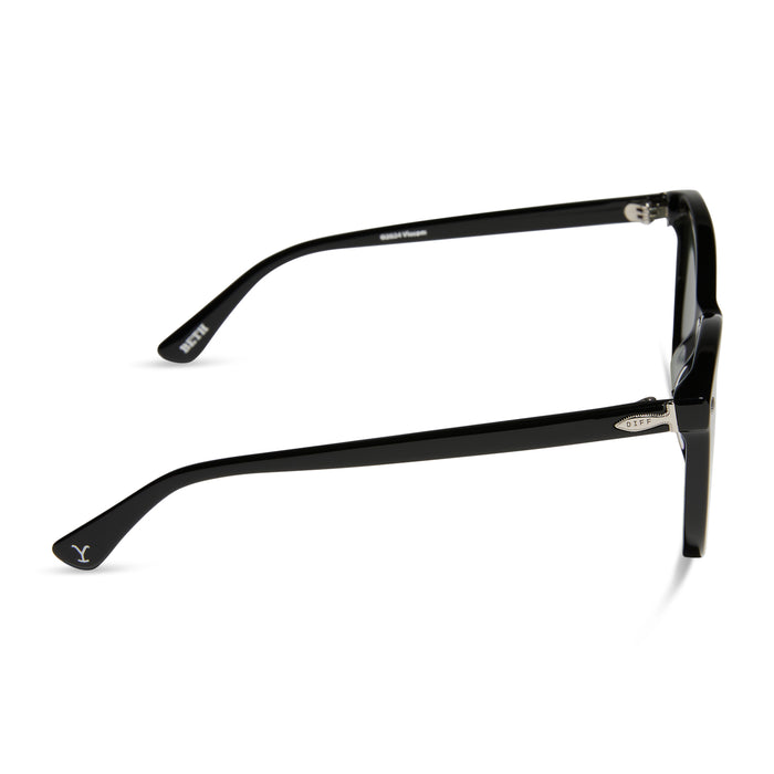 yellowstone x diff eyewear featuring the beth iii cat eye sunglasses with a black frame and grey lenses side view