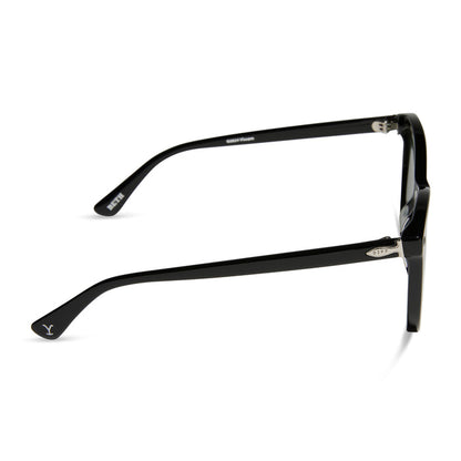 yellowstone x diff eyewear featuring the beth iii cat eye sunglasses with a black frame and grey lenses side view
