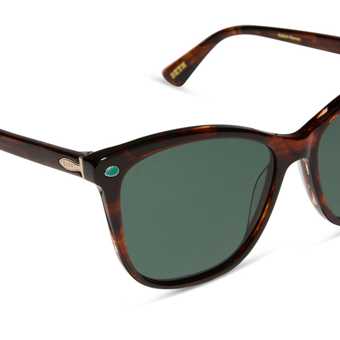 yellowstone x diff eyewear featuring the beth iii cat eye sunglasses with a sequoia tortoise frame and g15 polarized lenses detailed view