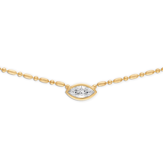 Bezel Marquise Floating Necklace - 14k vermeil bezel set marquise lab gemstone on gold bar and ball chain necklace, 16 inch