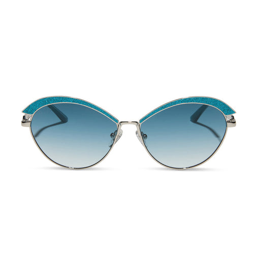 wednesday x diff eyewear featuring the bianca cat eye sunglasses with a silver frame and teal gradient lenses front view